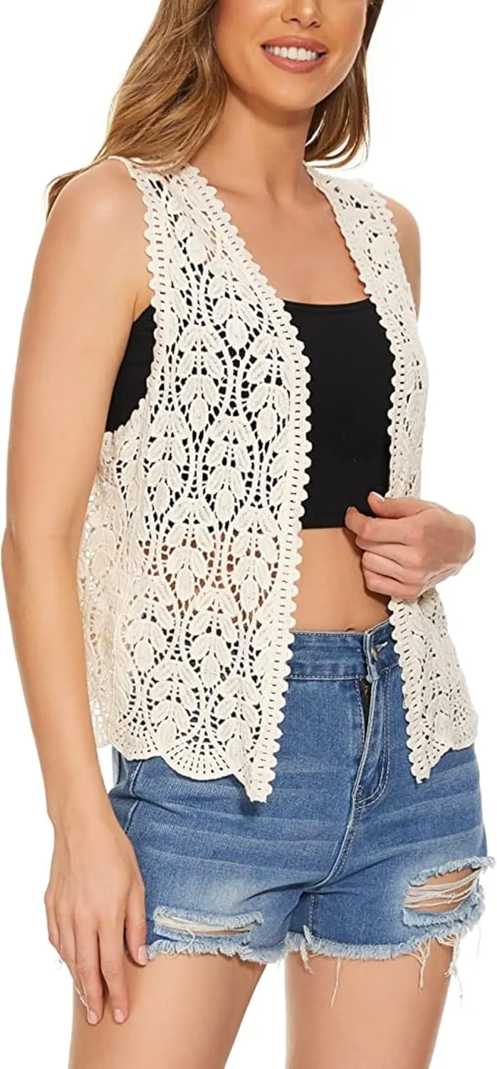 Women's Floral Crochet Vest Hollow Out Open Front Vintage Boho Lace Button Sleeveless Crochet Cardigan