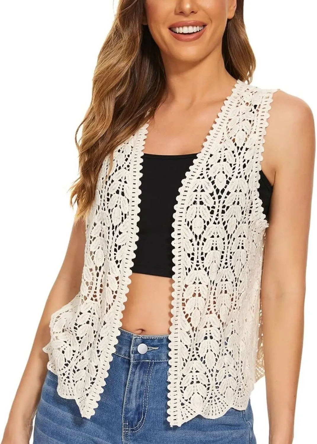 Women's Floral Crochet Vest Hollow Out Open Front Vintage Boho Lace Button Sleeveless Crochet Cardigan