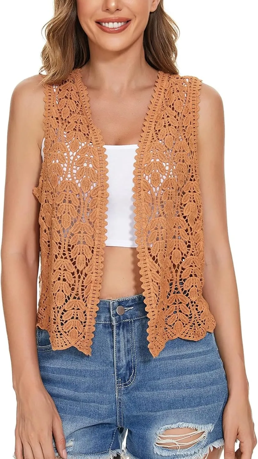Women's Floral Crochet Vest Hollow Out Open Front Vintage Boho Lace Button Sleeveless Crochet Cardigan