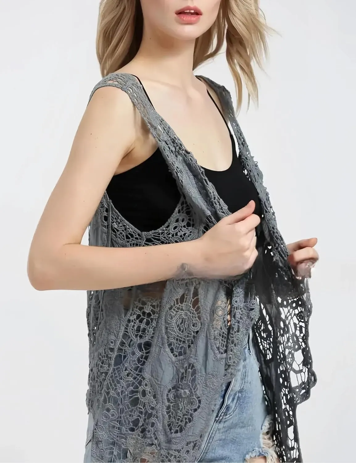 Women's Floral Crochet Vest Hollow Out Open Front Vintage Boho Lace Button Sleeveless Crochet Cardigan