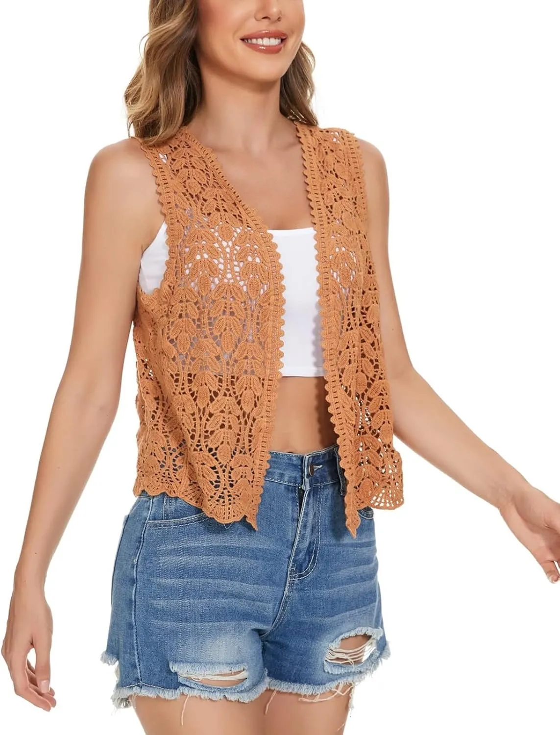 Women's Floral Crochet Vest Hollow Out Open Front Vintage Boho Lace Button Sleeveless Crochet Cardigan