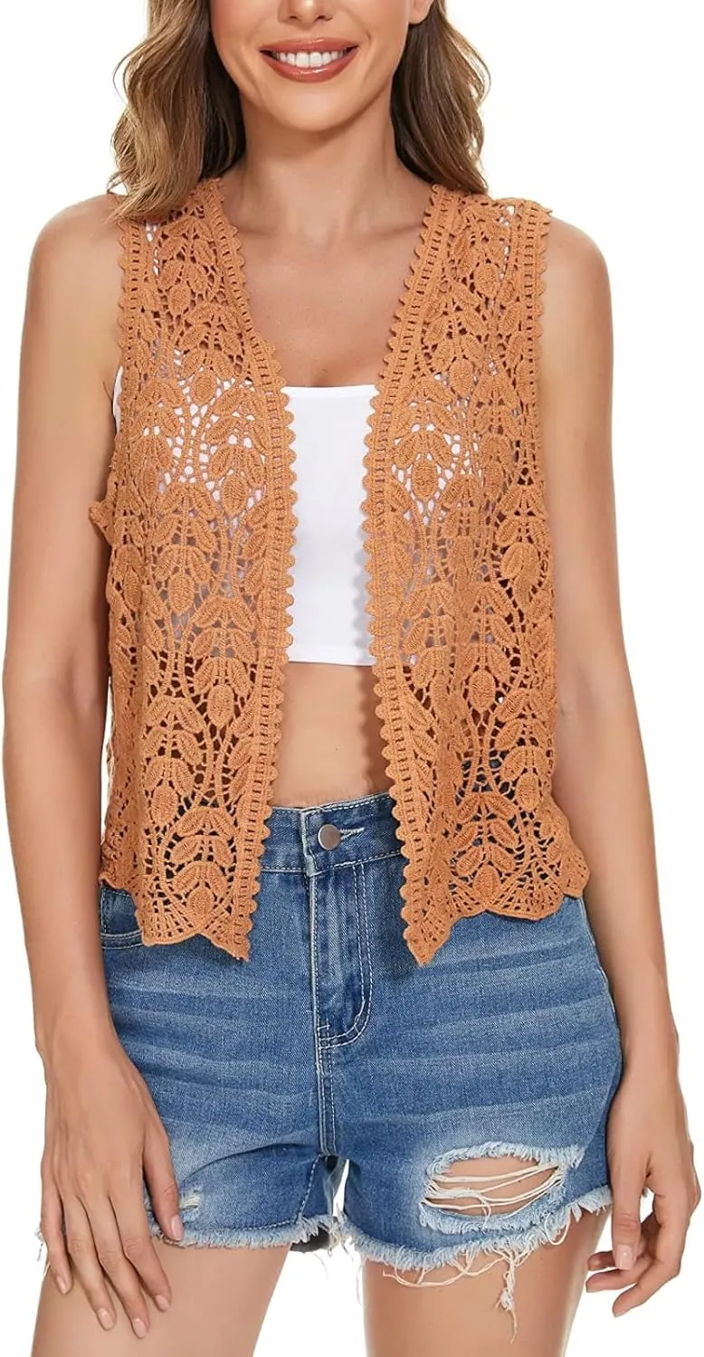 Women's Floral Crochet Vest Hollow Out Open Front Vintage Boho Lace Button Sleeveless Crochet Cardigan