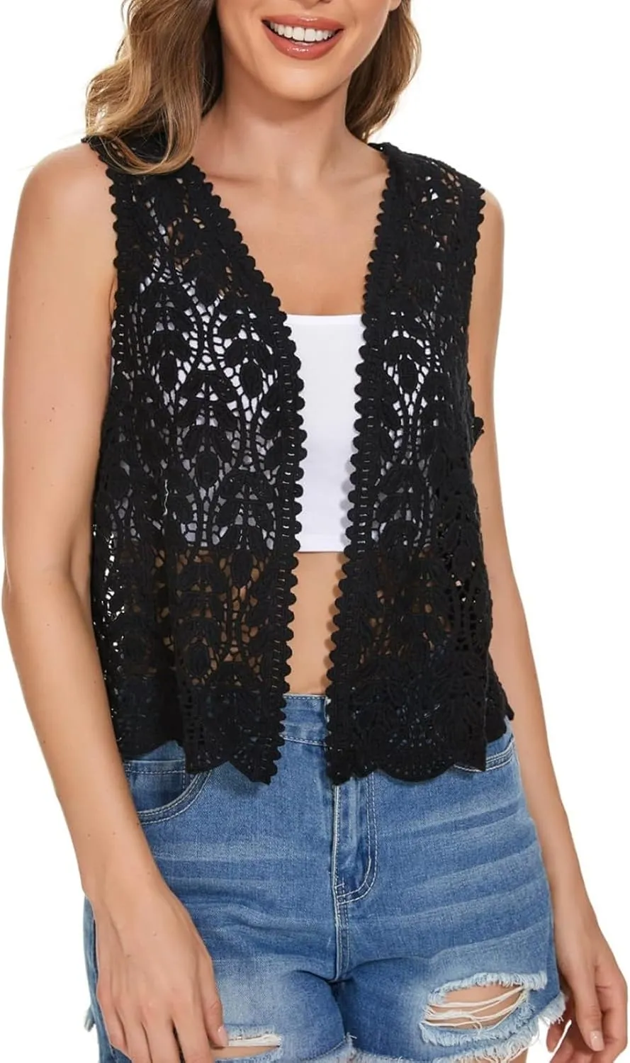 Women's Floral Crochet Vest Hollow Out Open Front Vintage Boho Lace Button Sleeveless Crochet Cardigan
