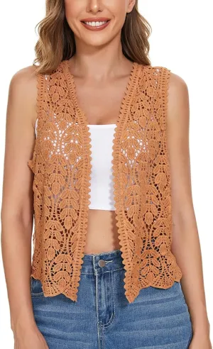 Women's Floral Crochet Vest Hollow Out Open Front Vintage Boho Lace Button Sleeveless Crochet Cardigan