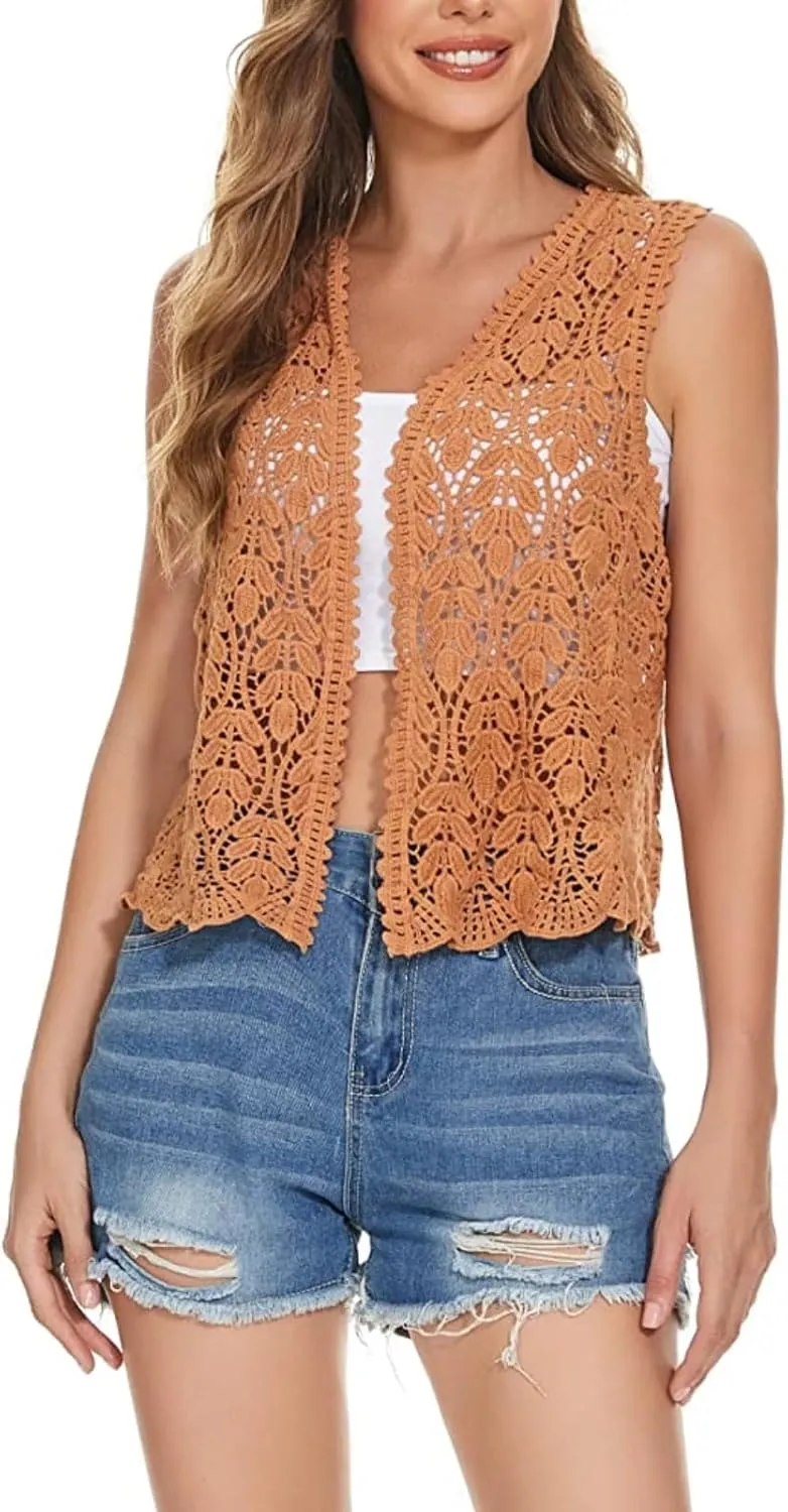 Women's Floral Crochet Vest Hollow Out Open Front Vintage Boho Lace Button Sleeveless Crochet Cardigan