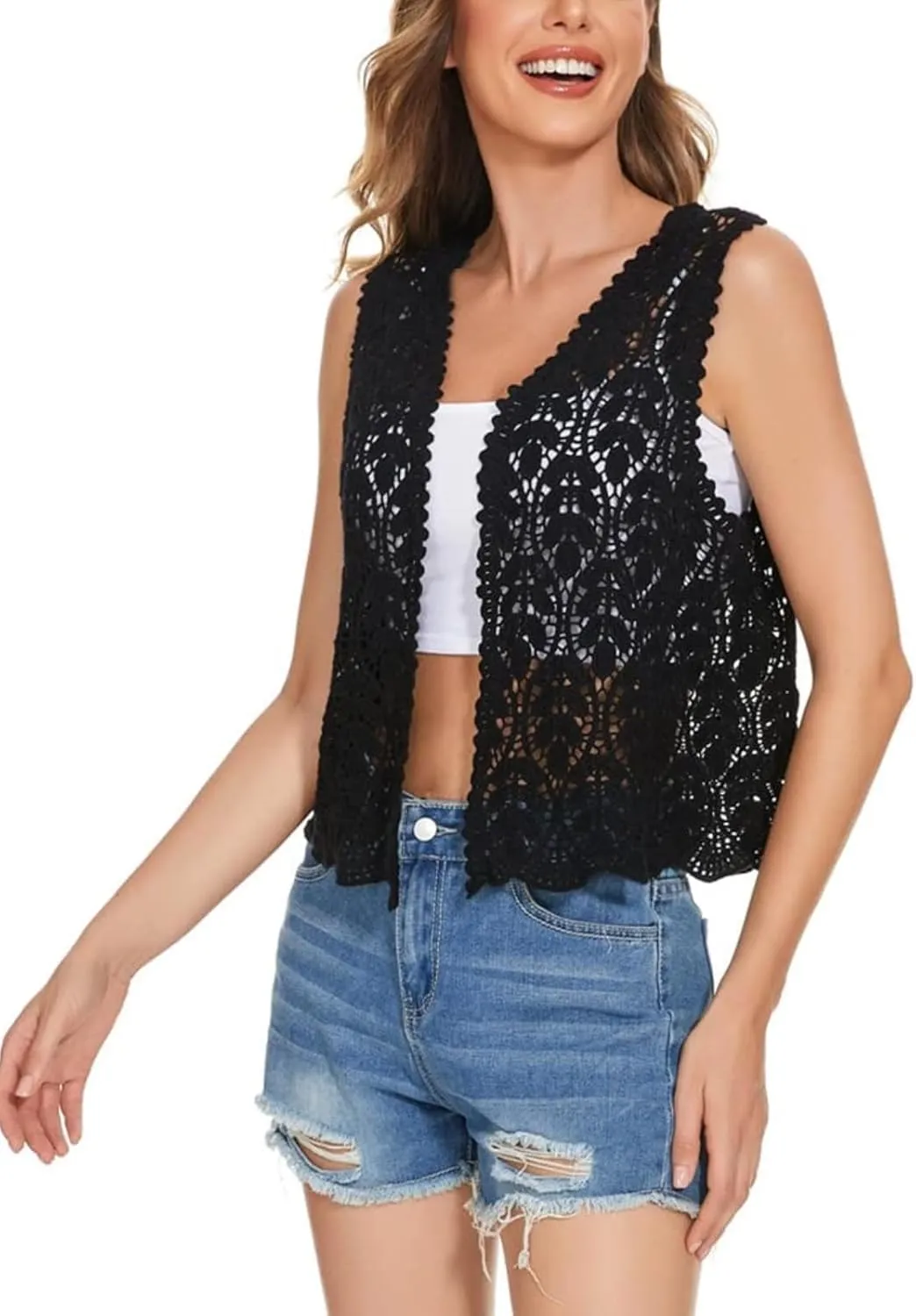 Women's Floral Crochet Vest Hollow Out Open Front Vintage Boho Lace Button Sleeveless Crochet Cardigan