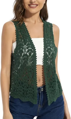 Women's Floral Crochet Vest Hollow Out Open Front Vintage Boho Lace Button Sleeveless Crochet Cardigan