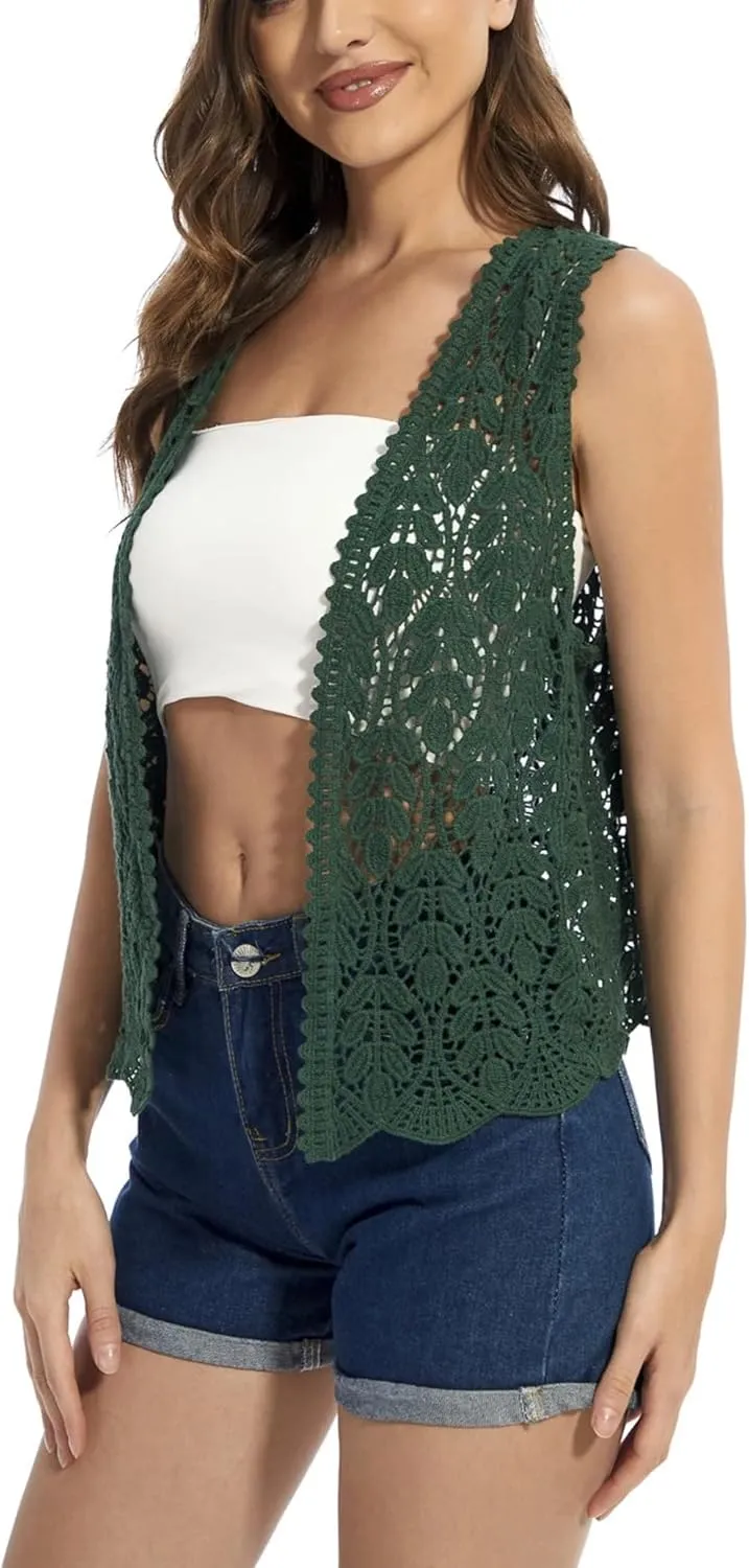 Women's Floral Crochet Vest Hollow Out Open Front Vintage Boho Lace Button Sleeveless Crochet Cardigan