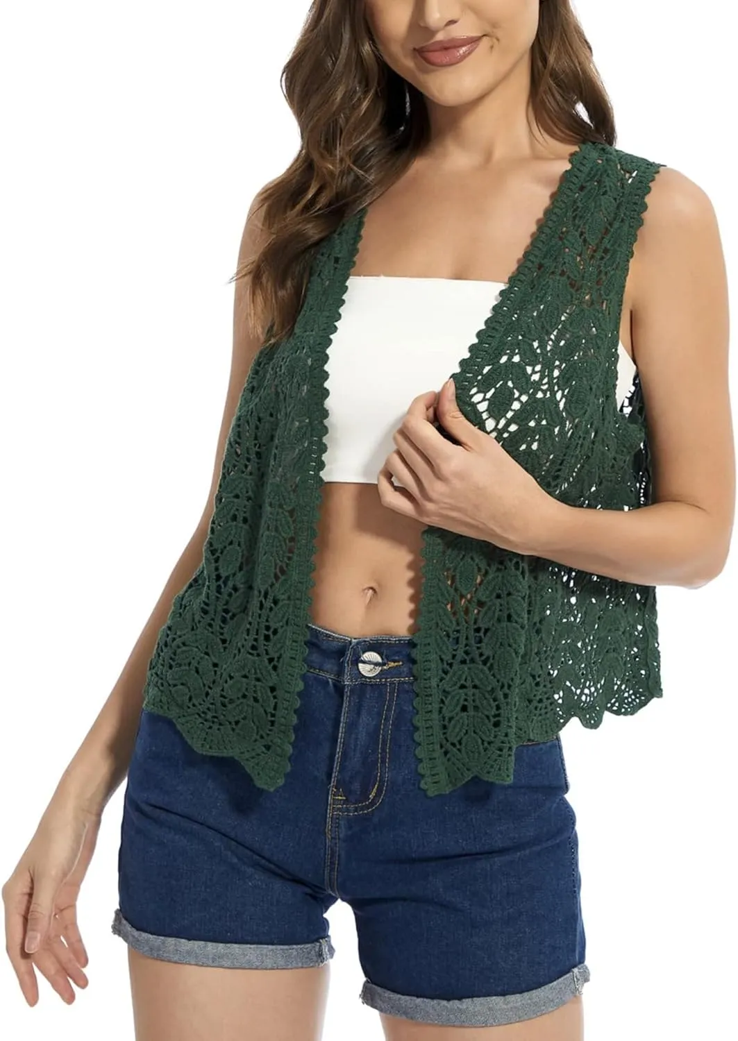 Women's Floral Crochet Vest Hollow Out Open Front Vintage Boho Lace Button Sleeveless Crochet Cardigan