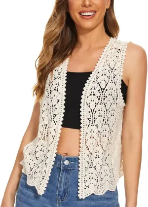Women's Floral Crochet Vest Hollow Out Open Front Vintage Boho Lace Button Sleeveless Crochet Cardigan