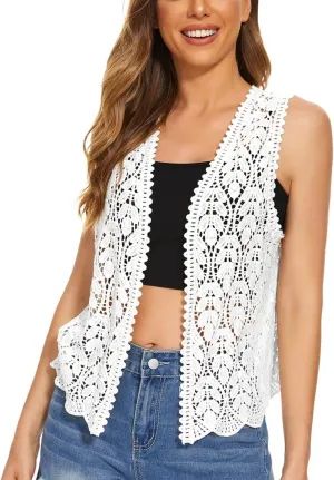 Women's Floral Crochet Vest Hollow Out Open Front Vintage Boho Lace Button Sleeveless Crochet Cardigan