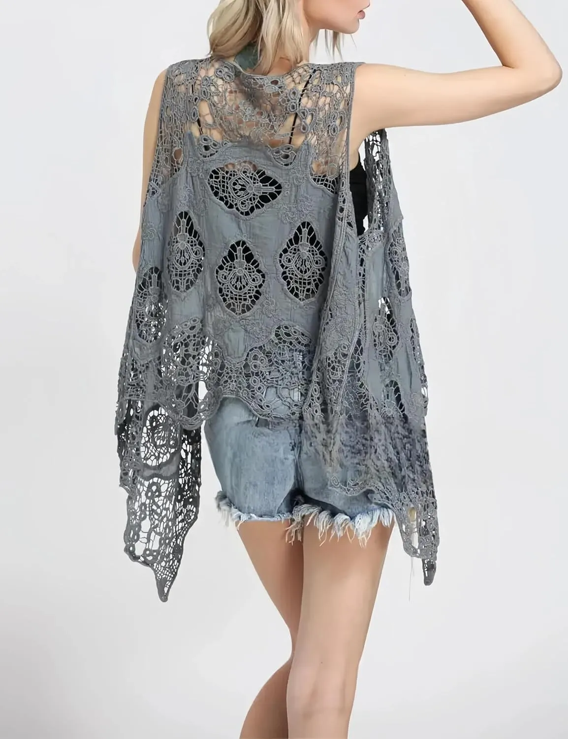 Women's Floral Crochet Vest Hollow Out Open Front Vintage Boho Lace Button Sleeveless Crochet Cardigan