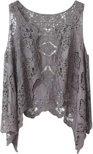 Women's Floral Crochet Vest Hollow Out Open Front Vintage Boho Lace Button Sleeveless Crochet Cardigan