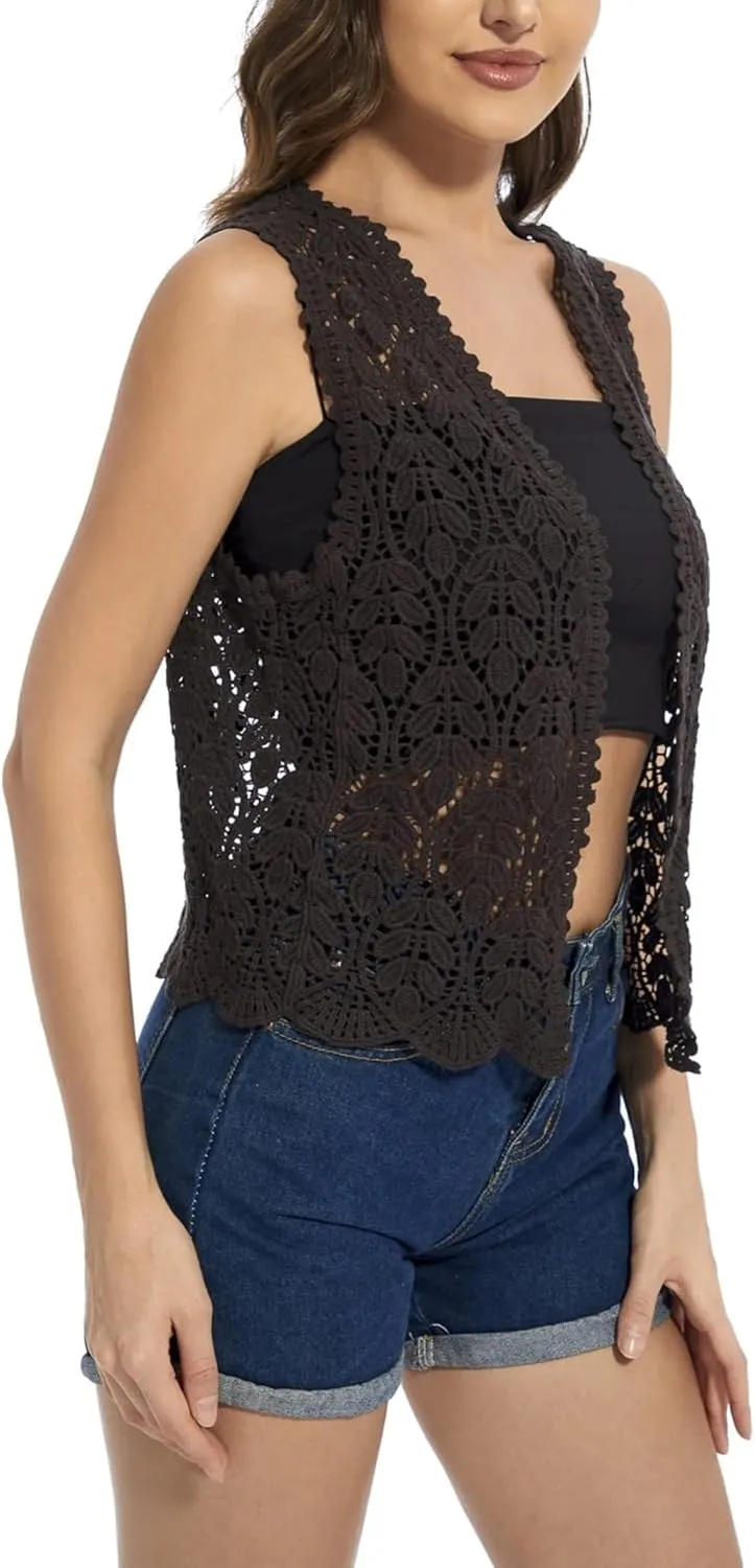 Women's Floral Crochet Vest Hollow Out Open Front Vintage Boho Lace Button Sleeveless Crochet Cardigan