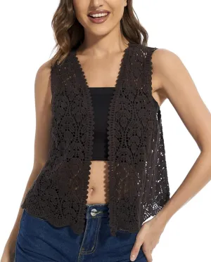 Women's Floral Crochet Vest Hollow Out Open Front Vintage Boho Lace Button Sleeveless Crochet Cardigan
