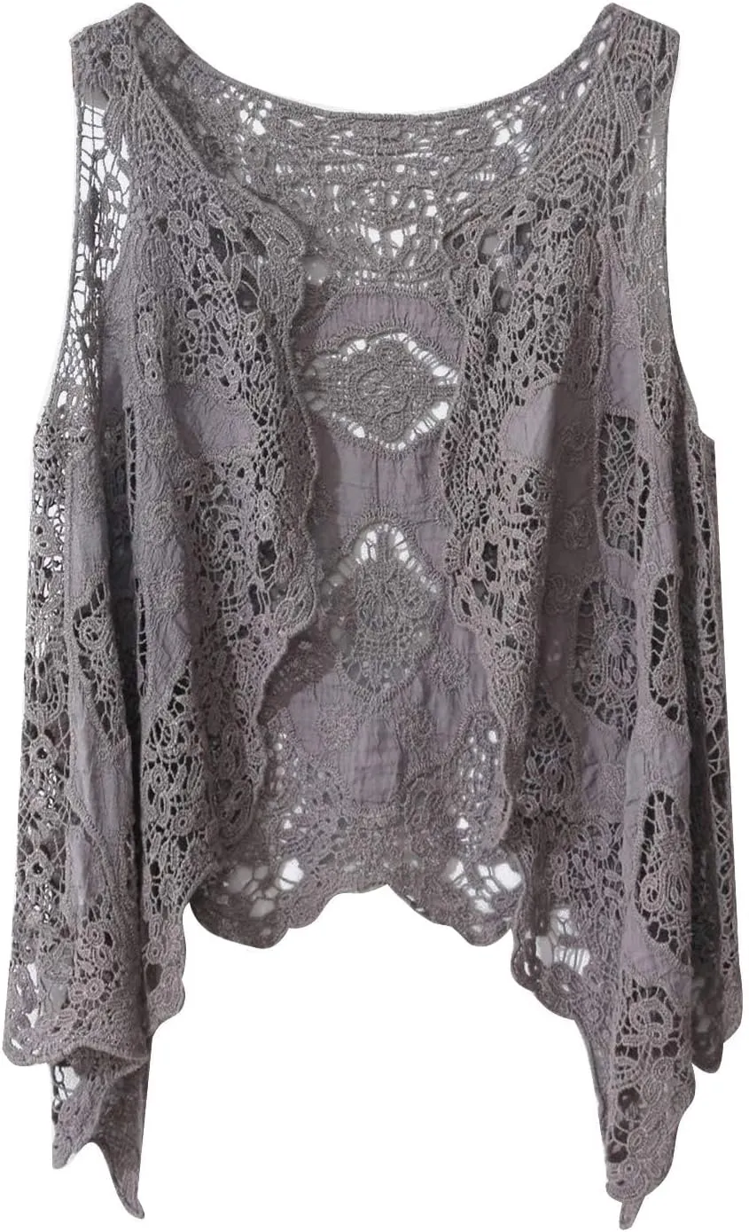 Women's Floral Crochet Vest Hollow Out Open Front Vintage Boho Lace Button Sleeveless Crochet Cardigan