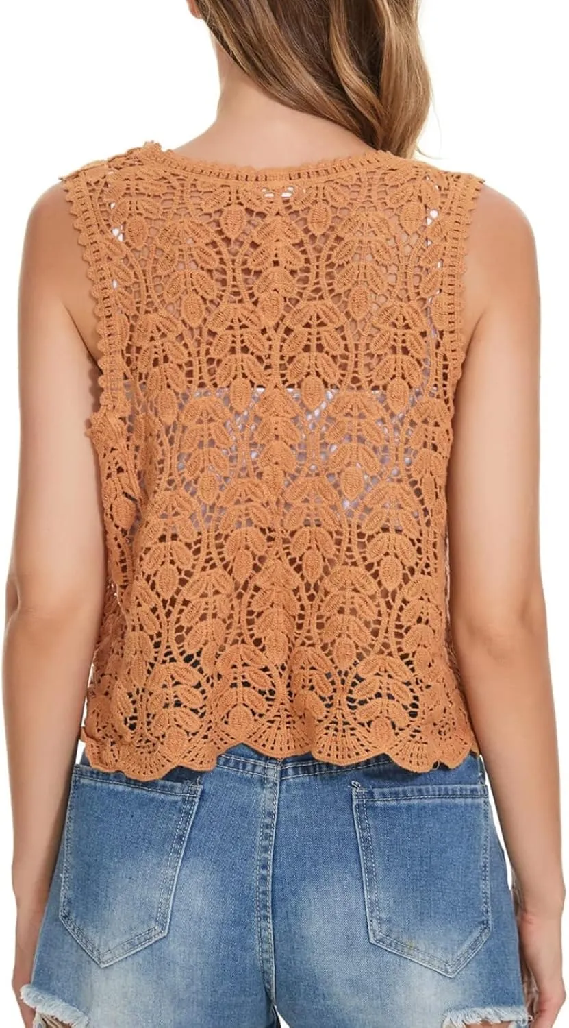 Women's Floral Crochet Vest Hollow Out Open Front Vintage Boho Lace Button Sleeveless Crochet Cardigan