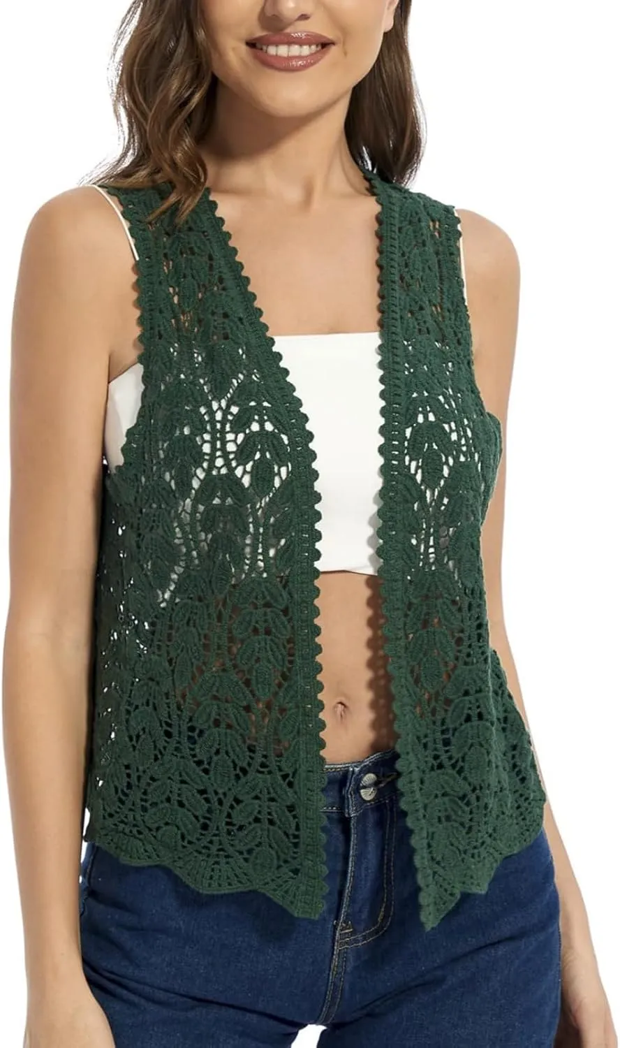 Women's Floral Crochet Vest Hollow Out Open Front Vintage Boho Lace Button Sleeveless Crochet Cardigan