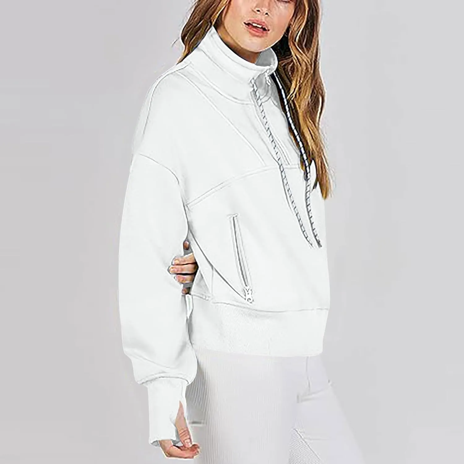 Womens Half Zip Cropped Sweatshirts Fleece Pullover Quarter Zipper Hoodie Oversized Fall Clothes 2023 Trendy Thumb Hole