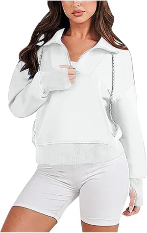 Womens Half Zip Cropped Sweatshirts Fleece Pullover Quarter Zipper Hoodie Oversized Fall Clothes 2023 Trendy Thumb Hole