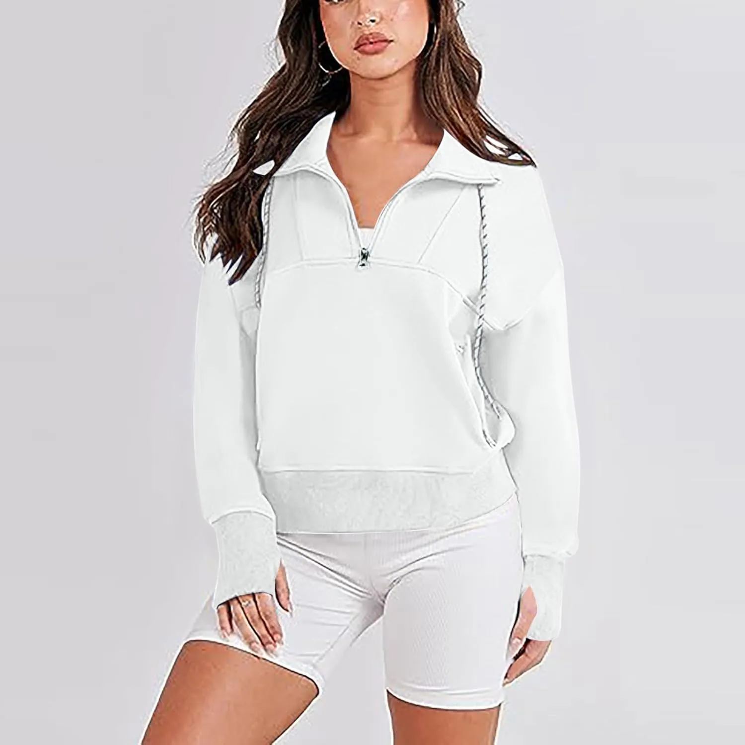 Womens Half Zip Cropped Sweatshirts Fleece Pullover Quarter Zipper Hoodie Oversized Fall Clothes 2023 Trendy Thumb Hole