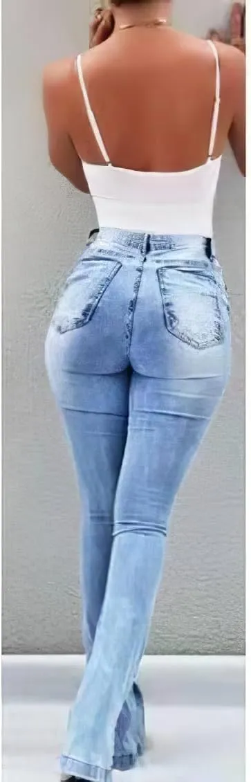 Women's High Waisted Stretch Bell Bottom Flare Jeans Skinny Stretch Ripped Distressed Side Split Denim Pants