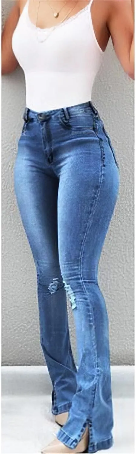 Women's High Waisted Stretch Bell Bottom Flare Jeans Skinny Stretch Ripped Distressed Side Split Denim Pants