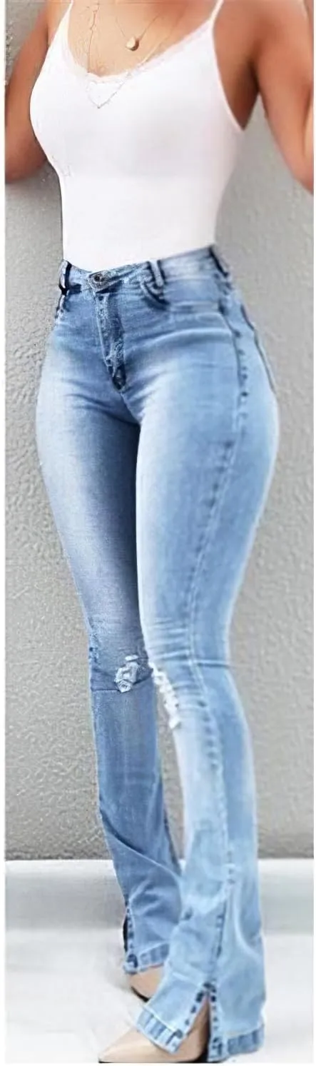 Women's High Waisted Stretch Bell Bottom Flare Jeans Skinny Stretch Ripped Distressed Side Split Denim Pants