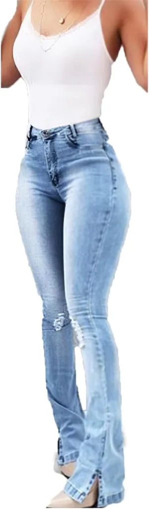 Women's High Waisted Stretch Bell Bottom Flare Jeans Skinny Stretch Ripped Distressed Side Split Denim Pants