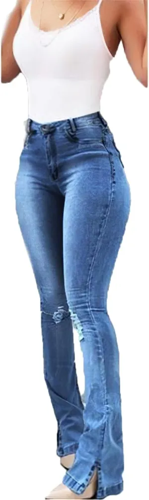 Women's High Waisted Stretch Bell Bottom Flare Jeans Skinny Stretch Ripped Distressed Side Split Denim Pants