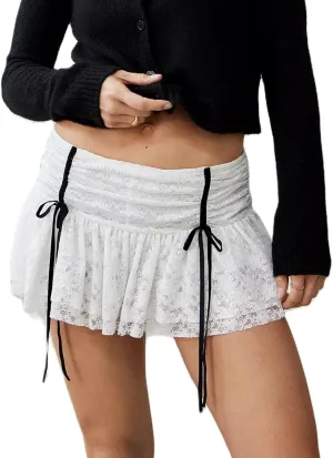 Womens Lace Mini Skirt Street Ruffle Hem Flowy Pleated Y2k Floral Cute Lace Trim Layered Slip Shorts Under Skirts