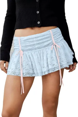 Womens Lace Mini Skirt Street Ruffle Hem Flowy Pleated Y2k Floral Cute Lace Trim Layered Slip Shorts Under Skirts