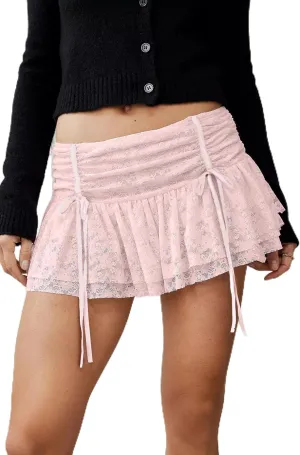 Womens Lace Mini Skirt Street Ruffle Hem Flowy Pleated Y2k Floral Cute Lace Trim Layered Slip Shorts Under Skirts