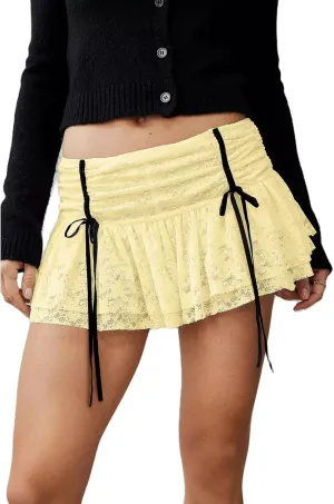 Womens Lace Mini Skirt Street Ruffle Hem Flowy Pleated Y2k Floral Cute Lace Trim Layered Slip Shorts Under Skirts