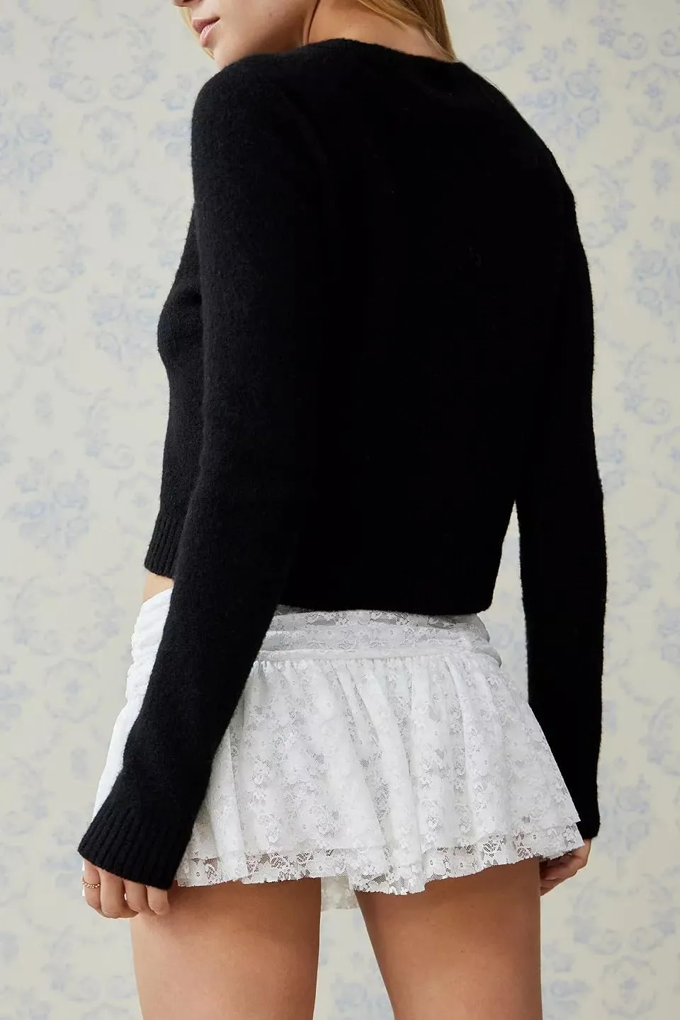 Womens Lace Mini Skirt Street Ruffle Hem Flowy Pleated Y2k Floral Cute Lace Trim Layered Slip Shorts Under Skirts