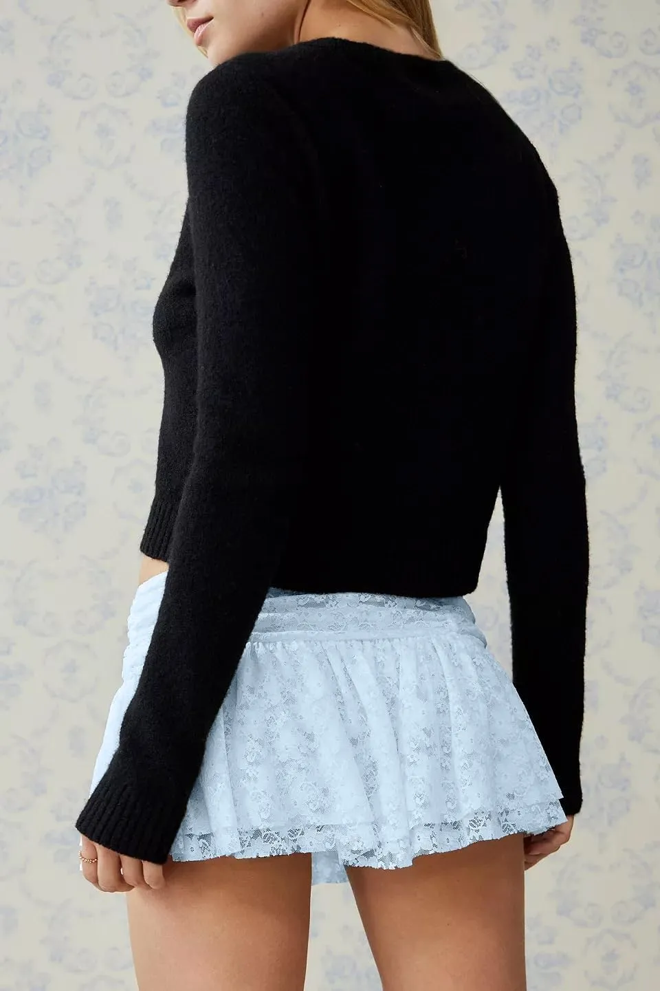 Womens Lace Mini Skirt Street Ruffle Hem Flowy Pleated Y2k Floral Cute Lace Trim Layered Slip Shorts Under Skirts