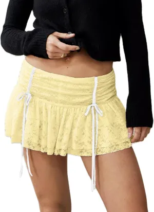 Womens Lace Mini Skirt Street Ruffle Hem Flowy Pleated Y2k Floral Cute Lace Trim Layered Slip Shorts Under Skirts