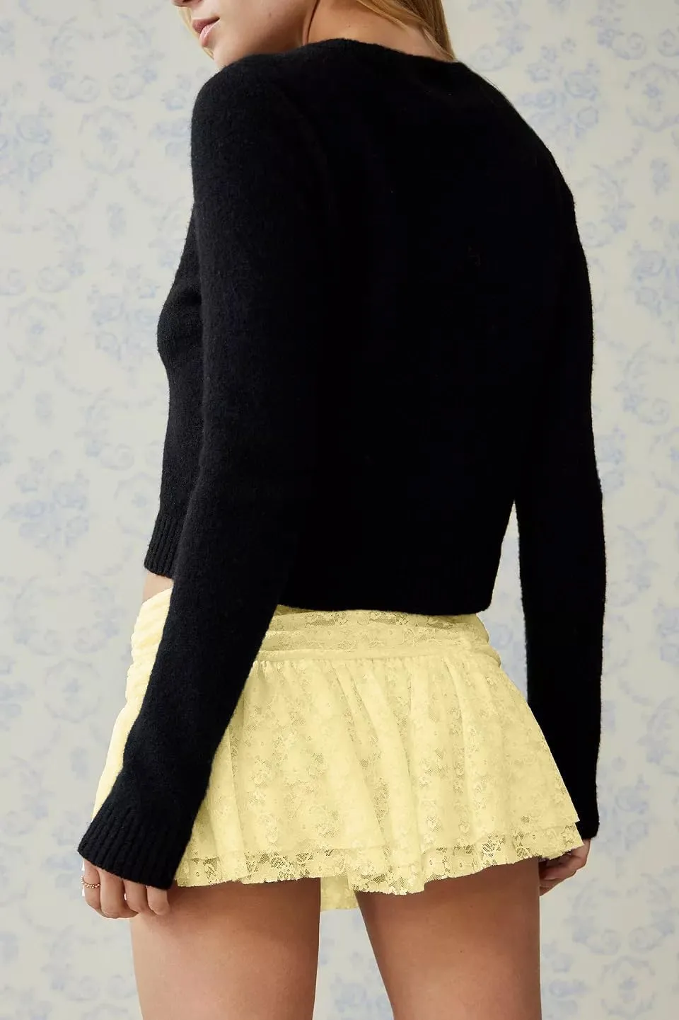 Womens Lace Mini Skirt Street Ruffle Hem Flowy Pleated Y2k Floral Cute Lace Trim Layered Slip Shorts Under Skirts