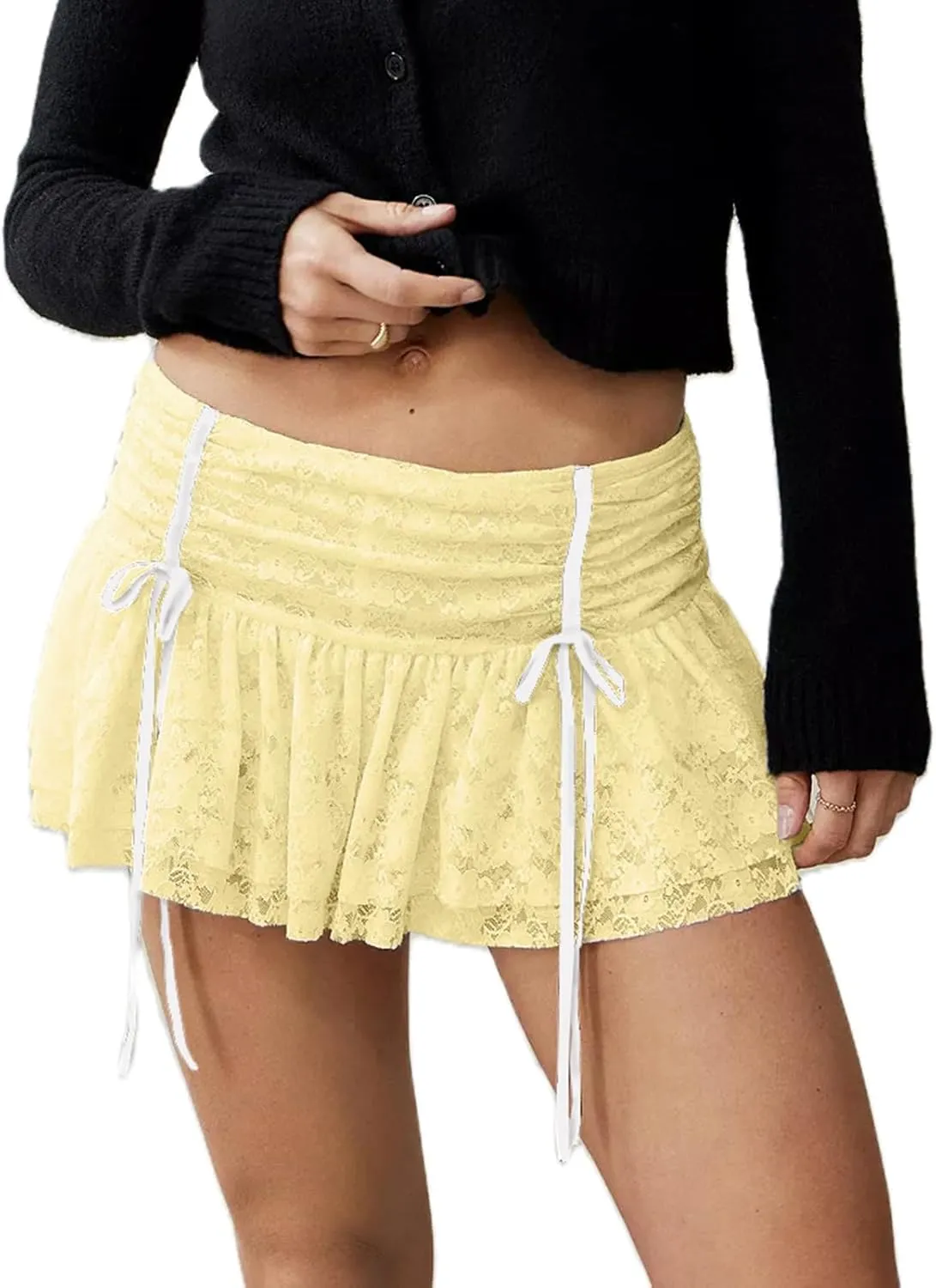 Womens Lace Mini Skirt Street Ruffle Hem Flowy Pleated Y2k Floral Cute Lace Trim Layered Slip Shorts Under Skirts