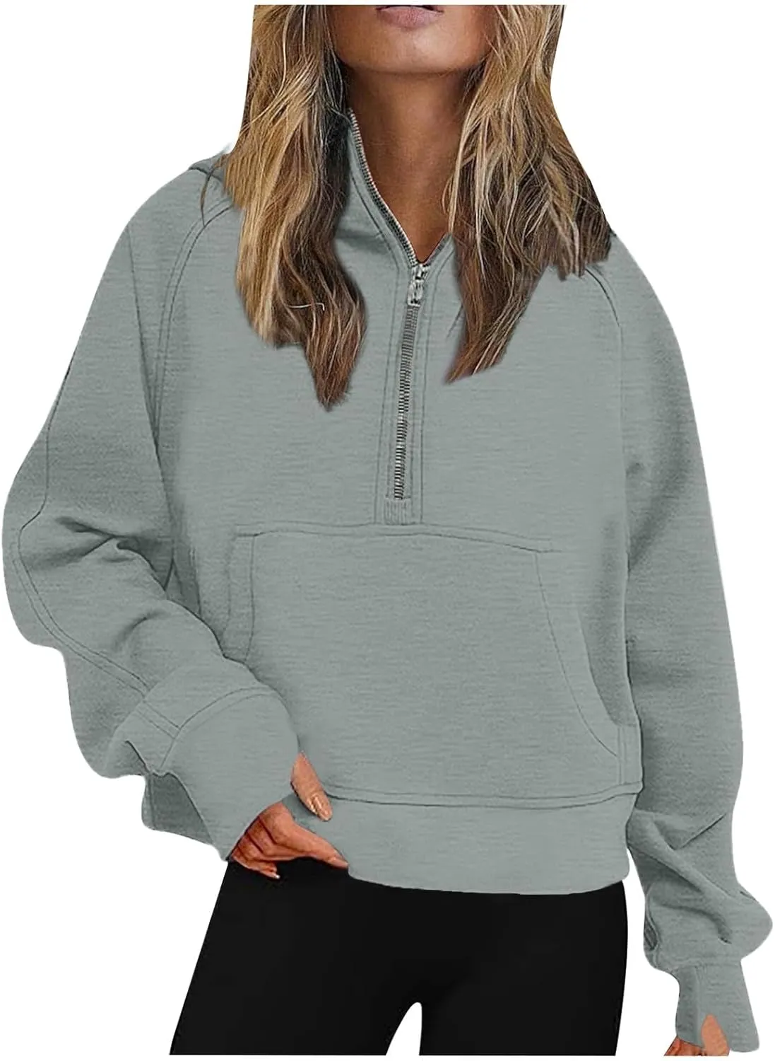 Womens Lightweight Sweatshirts Casual Half Zipper Hoodies Fashion Elegant Solid Long Sleeve Pocket Sport Pullover Tops