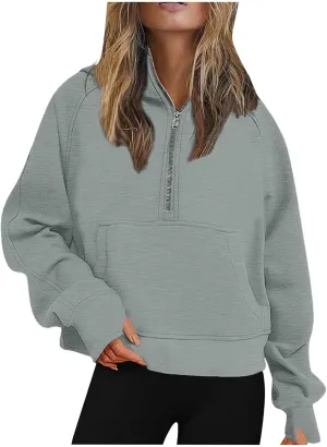 Womens Lightweight Sweatshirts Casual Half Zipper Hoodies Fashion Elegant Solid Long Sleeve Pocket Sport Pullover Tops
