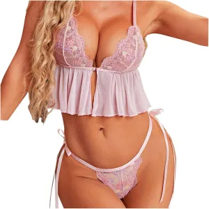 Womens Lingerie Fashion Underwear Set 2 Piece Lace Bralette Set with Short Thong Mesh Bralette Set