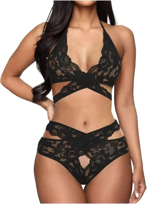Womens Lingerie Lace Bikini Two Piece Set Sexy Bra and Panty Sets 2 Piece Lace Bralette Set