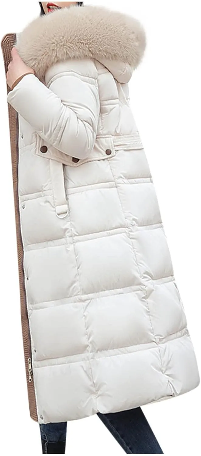Womens Long down Jacket with Fur Hood Quilted Thickened Maxi down Parka Puffer Coat Winter Warm Windbreaker Outerwear