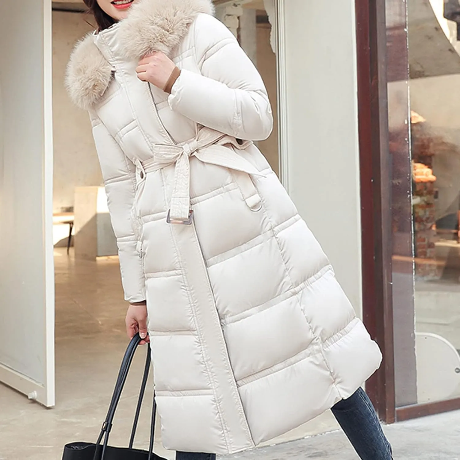 Womens Long down Jacket with Fur Hood Quilted Thickened Maxi down Parka Puffer Coat Winter Warm Windbreaker Outerwear