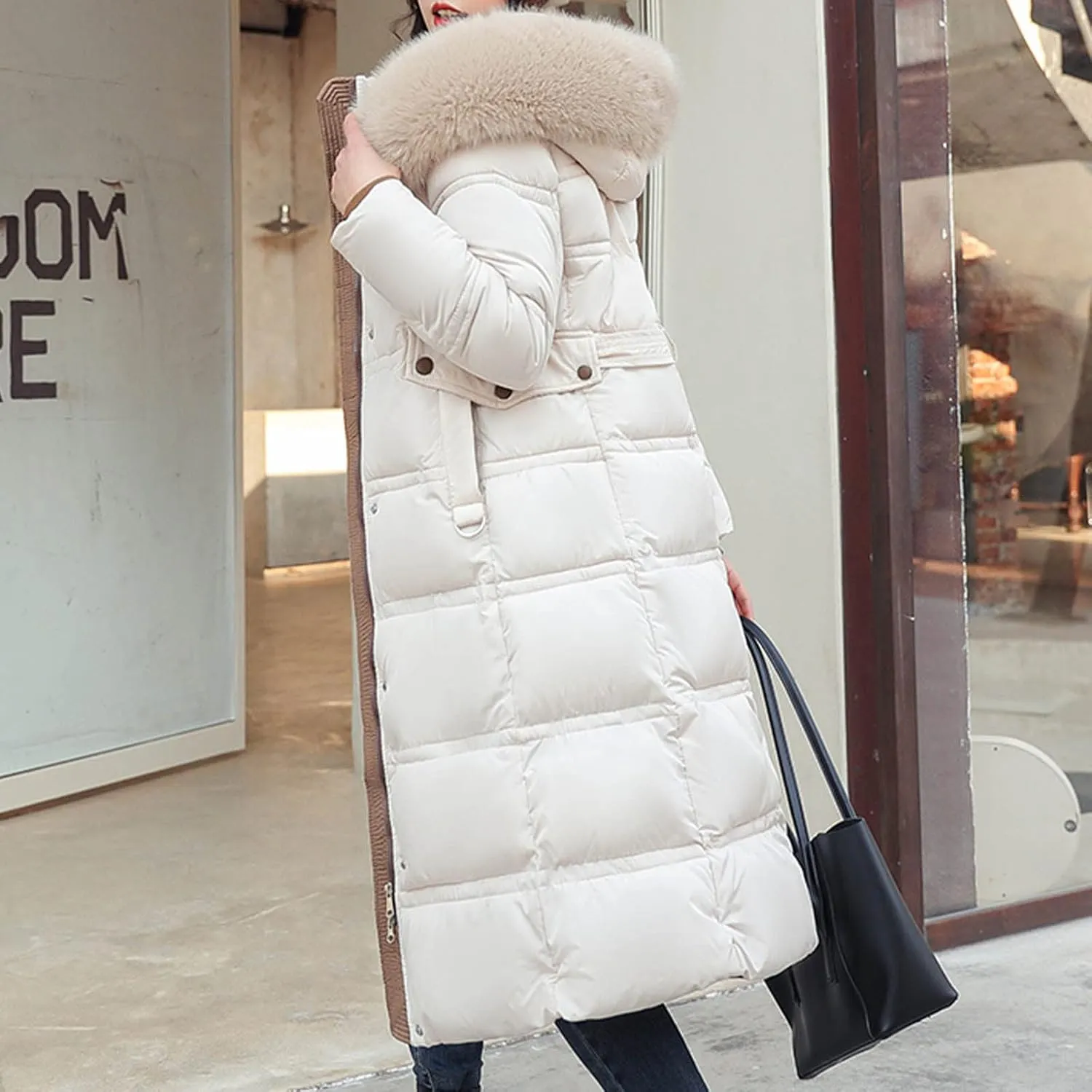 Womens Long down Jacket with Fur Hood Quilted Thickened Maxi down Parka Puffer Coat Winter Warm Windbreaker Outerwear