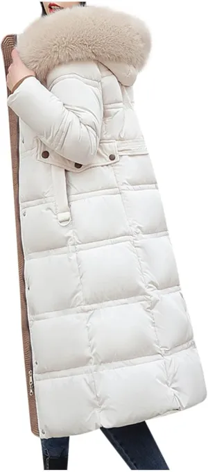 Womens Long down Jacket with Fur Hood Quilted Thickened Maxi down Parka Puffer Coat Winter Warm Windbreaker Outerwear