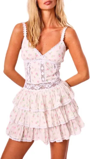 Women's Rosebud Print Mini Dress Spaghetti Strap Sleeveless Ruffle Tiered Skirt Dresses Summer Going Out Sundress