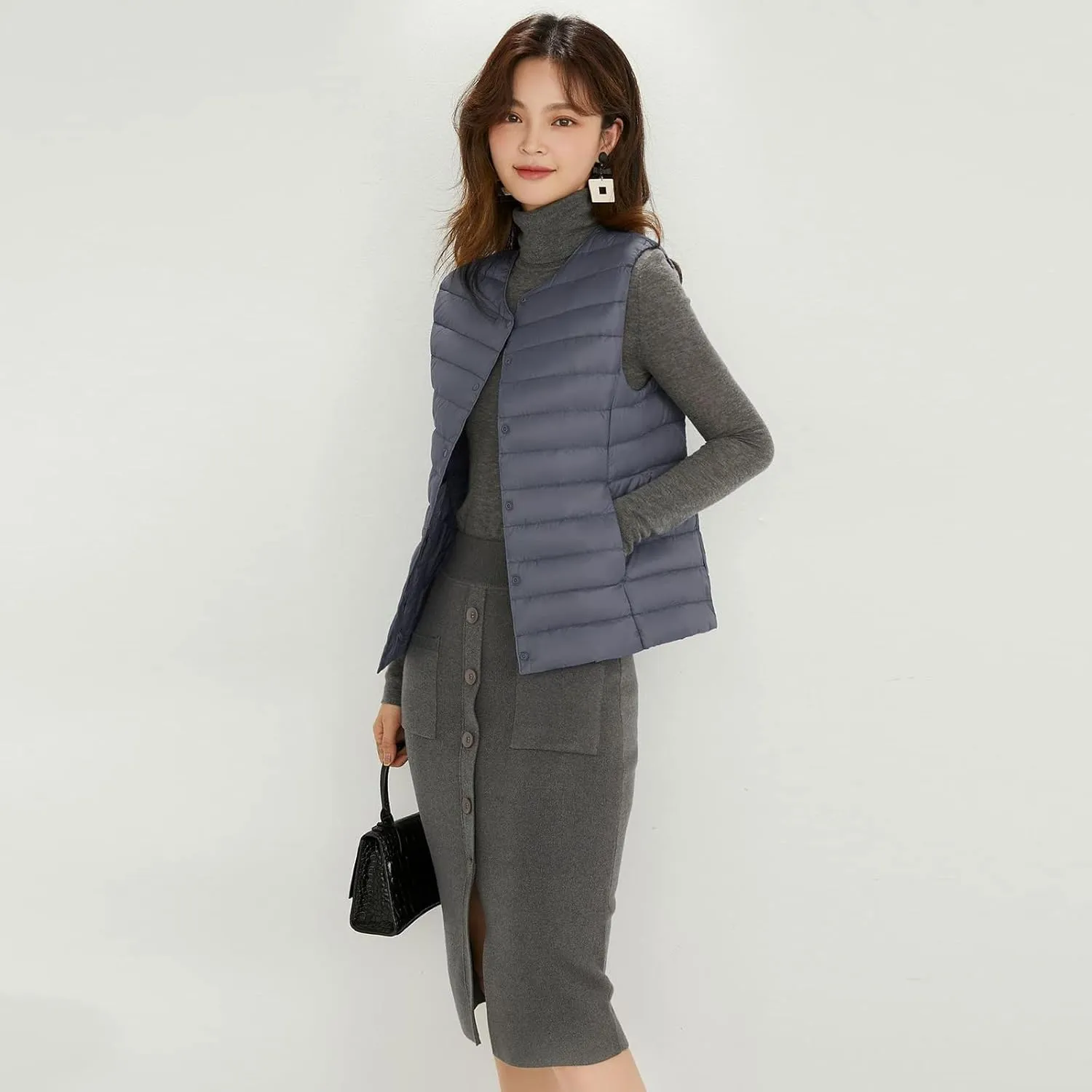 Women's Round Neck Puffer Vest Crewneck Winter Quilted Down Vest Trendy Lightweight Thicken Warm Bubble Gilet Tank