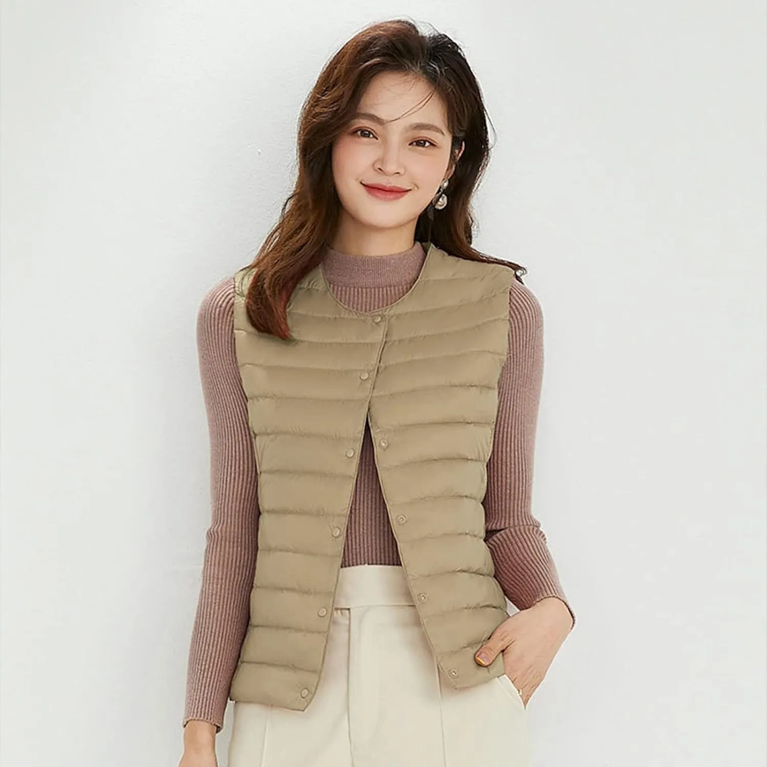 Women's Round Neck Puffer Vest Crewneck Winter Quilted Down Vest Trendy Lightweight Thicken Warm Bubble Gilet Tank